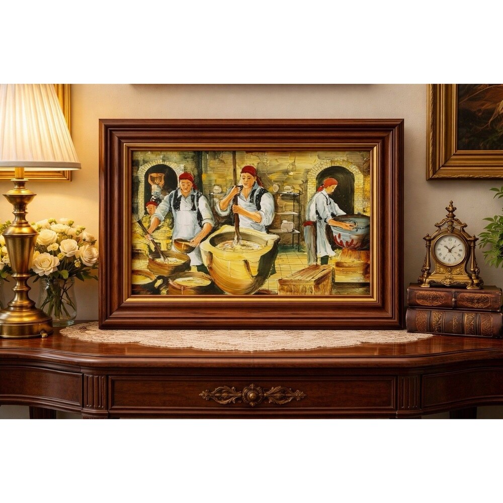 Vintage Folk Art Kitchen Cooking Scene Framed Wall Art Rustic Decor - Picture 2 of 10